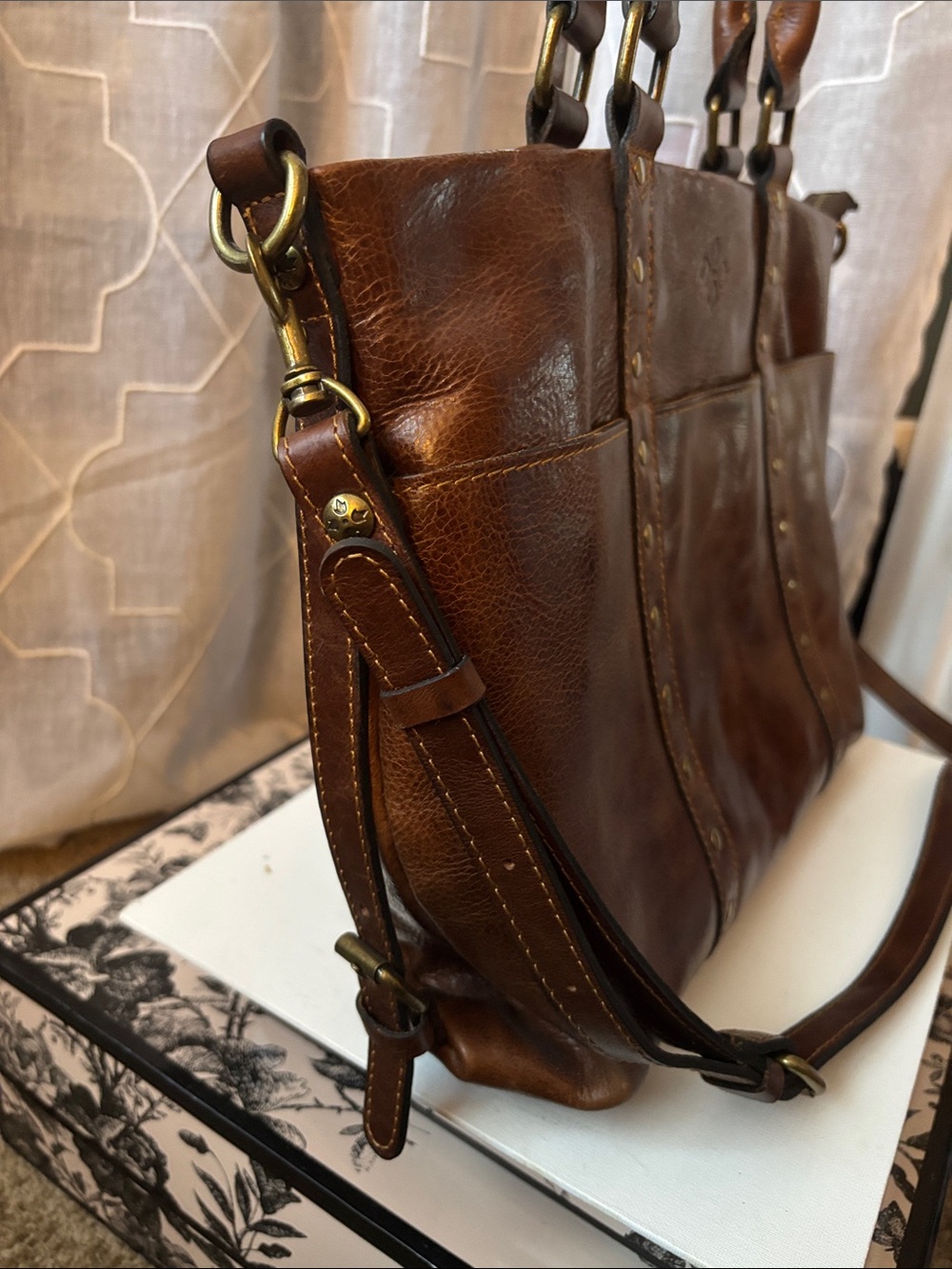 Distressed Brown Leather Tote Bag with Stud Details by Patricia Nash - Picture 5 of 15